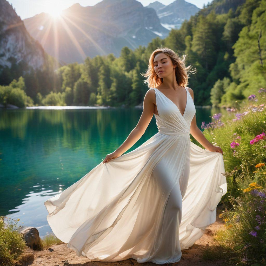 A dynamic scene featuring a strong, confident woman embracing her femininity in a natural setting, surrounded by lush greenery and vibrant wildflowers. She is posed elegantly, partially draped in soft natural fabrics, celebrating the connection between the female body and nature. Sunlight filters through the leaves, creating a magical atmosphere that highlights her strength and grace. The background showcases majestic mountains or a serene lake, inviting a sense of adventure and freedom. super-realistic. vibrant colors. natural lighting.