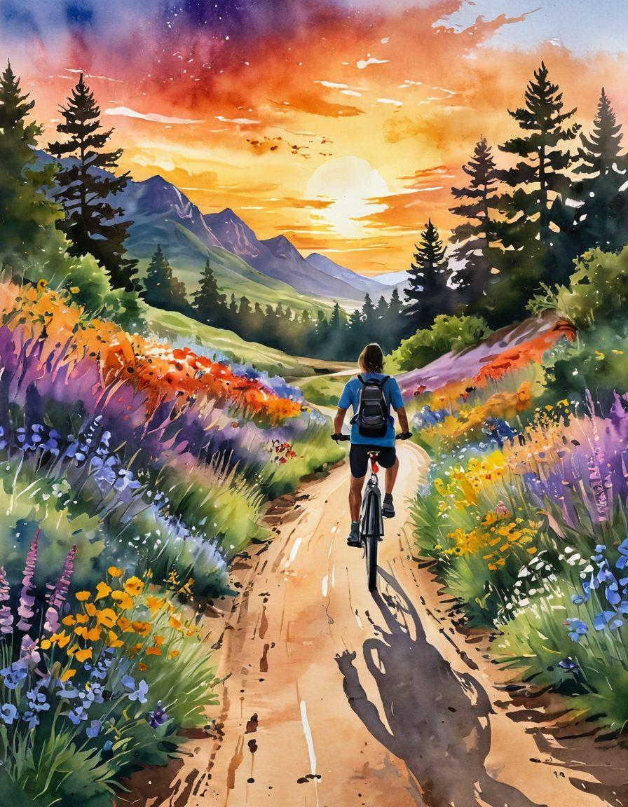 A vibrant landscape with a winding dirt road surrounded by wildflowers and lush greenery, symbolizing freedom and adventure. Include a silhouette of a person joyfully riding a bicycle, with their arms outstretched, embracing the essence of self-expression. The sky is painted with warm sunset colors, creating a sense of serenity and exploration. The overall mood is uplifting and inspiring, encouraging the viewer to seek their own path. watercolor painting. vibrant colors.
